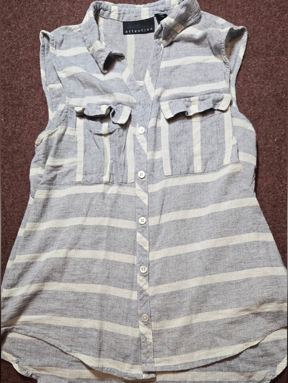 Attention Blue & White Striped Sleeveless Button Top Size Large 100% Cotton